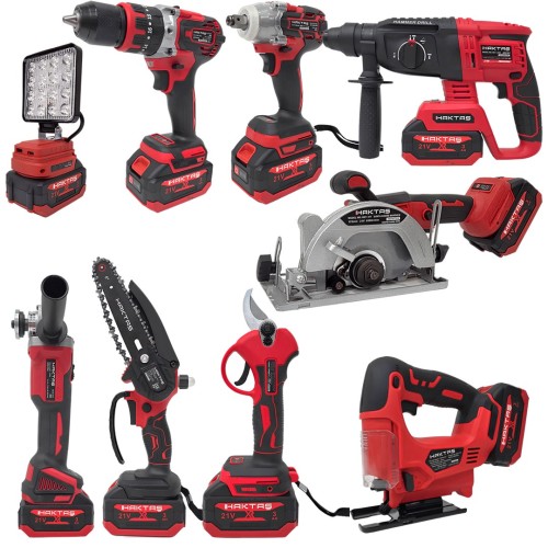 Haktaş HKT1020 Yeni Nesil Kırmızı 9lu Şarjlı Vidalama Matkap Seti 21V 3ah (Kırıcı Delici, Somun Sıkma, Vidalama, Dal Budama Makası, Led Işık, Avuç Taşlama, Dekupaj, Sunta Kesme, Dal Testeresi)