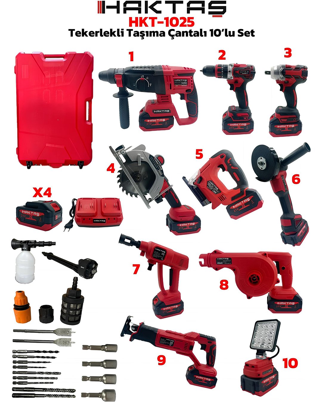Haktaş HKT1025 Yeni Nesil Kırmızı 10 lu Kömürsüz Akülü Makine Seti 21V 3ah model ve fiyatlar