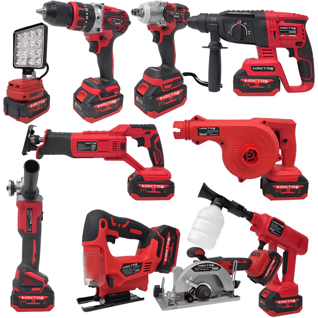 Haktaş HKT1025 Yeni Nesil Kırmızı 10 lu Kömürsüz Akülü Makine Seti 21V 3ah (Kırıcı Delici, Somun Sıkma, Vidalama, Led Işık, Avuç Taşlama, Dekupaj, Hava Üfleme, Araç Yıkama, Tilki Kuyruğu Testere,Sunda Kesme)