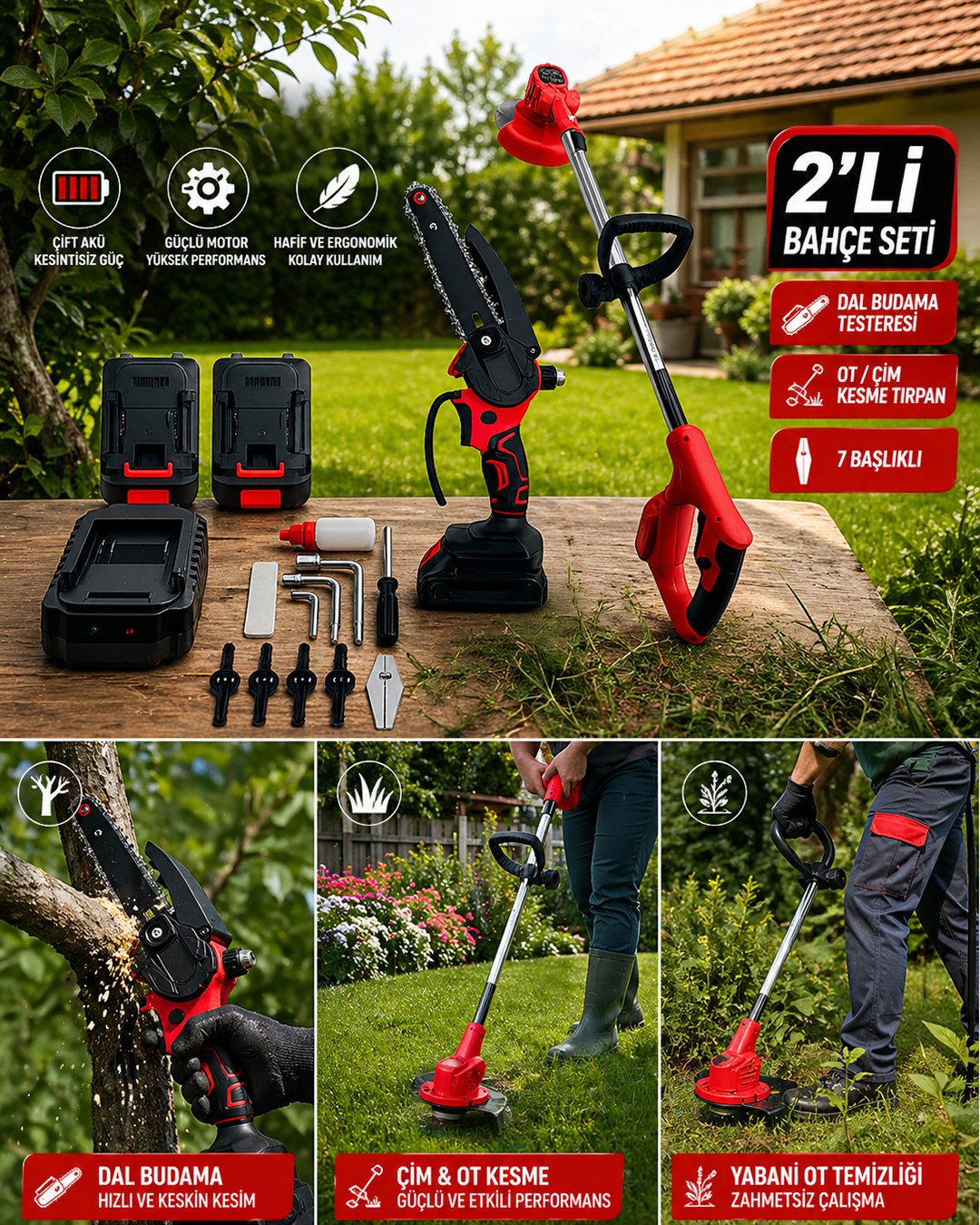 Haktaş HKT1060 2li Bahçe Seti Çift Akülü - Şarjlı Tırpan + Dal Budama Testere 15cm Model ve fiyatlar