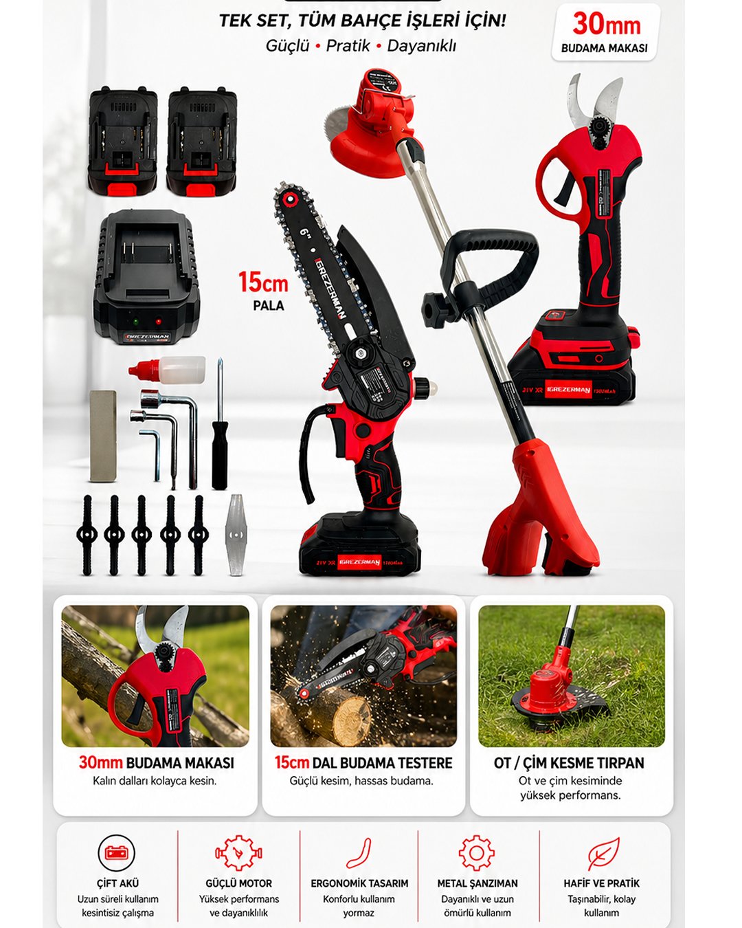 Haktaş HKT1065 Kırmızı 3lü Bahçe Seti Çift Akülü - Şarjlı Tırpan + 15cm Testere + 30mm Budama Makası Model ve fiyatlar