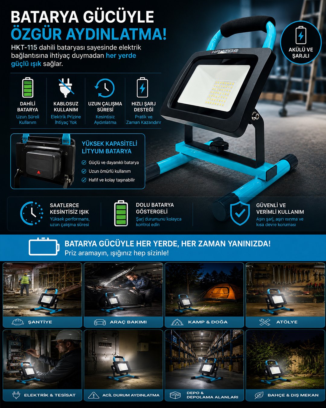 haktas hkt115 akulu sarjli led calisma lambasi 20w 1150lumen projektor teknik özellikler