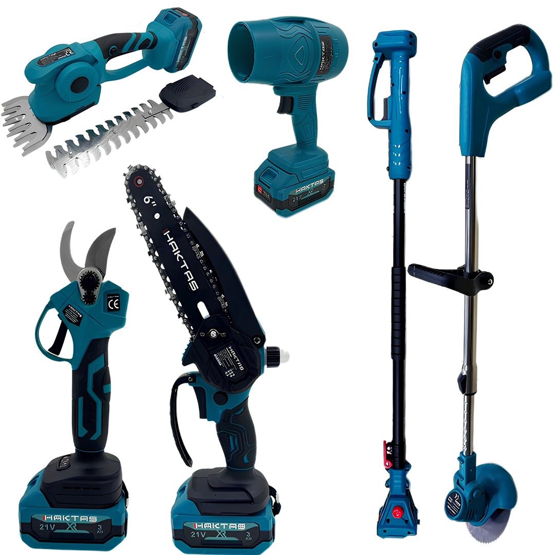 Haktaş HKT1230 6 ürün 1 Arada Akülü Bahçe Bakım Seti 21V 3Ah (Hava Üfleme, Çit Budama, Dal Budama Makası, Dal Testeresi, Tırpan, Teleskopik Uzatma Kolu) Mavi