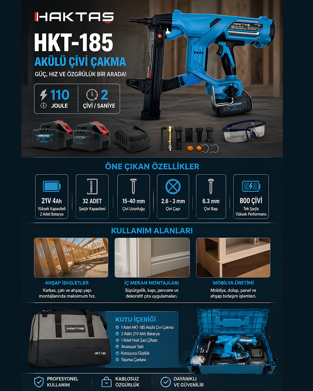Haktaş HKT185 Akülü Çivi Çakma 21V 4Ah - Profesyonel Çivi Tabancası 110J model ve fiyatlar