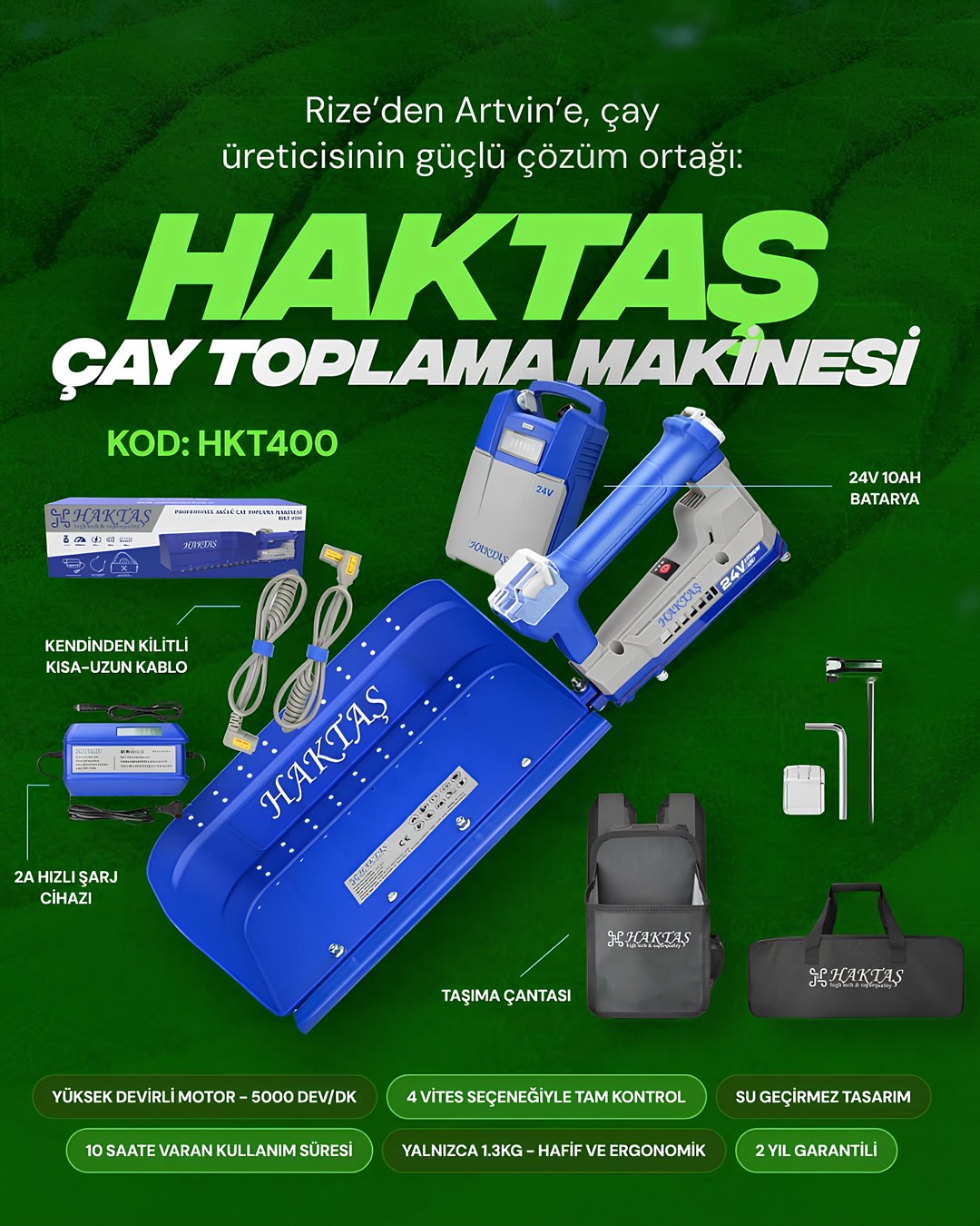 Haktaş HKT400 Profesyonel Akülü Çay Toplama Makinası 24V 10Ah model ve fiyatlar