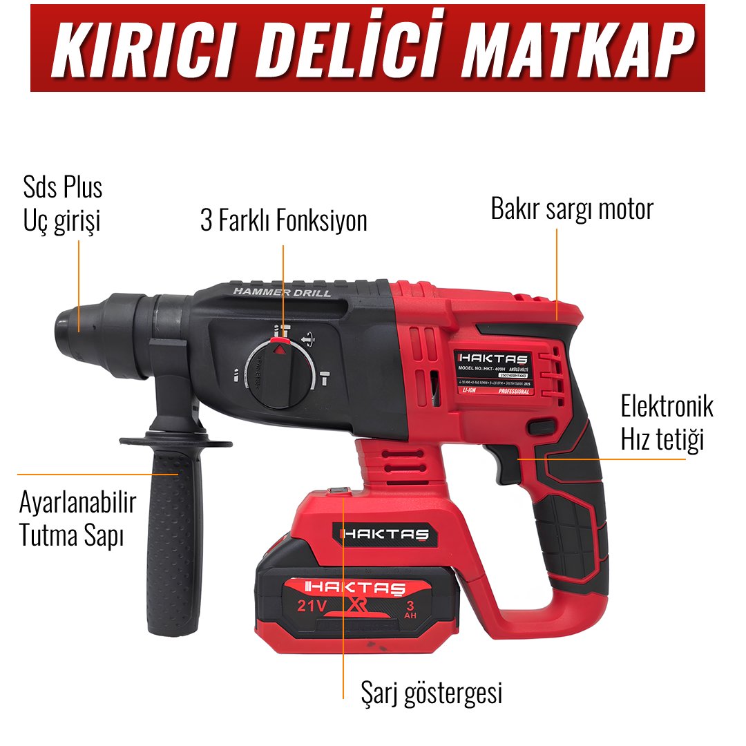 Haktaş HKT507 Yeni Nesil Kırmızı Işıklı 5li Kömürsüz Akülü Makine Seti kırıcı delici matkap özellikleri