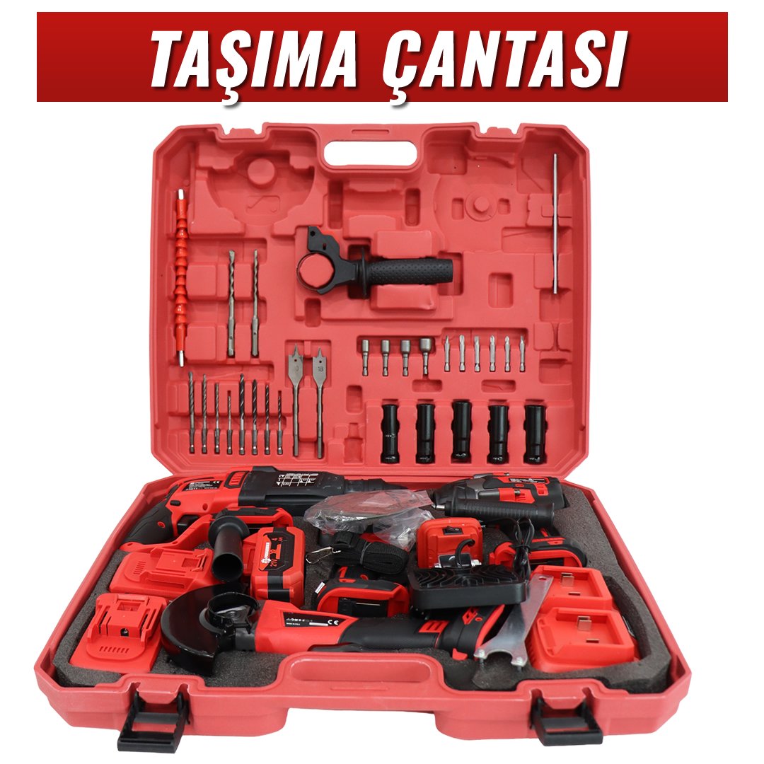 Haktaş HKT507 Yeni Nesil Kırmızı Işıklı 5li Kömürsüz Akülü Makine Seti  taşıma çantası