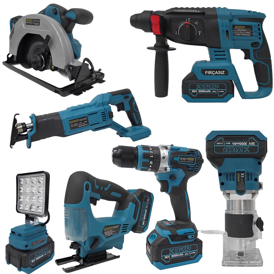 Haktaş HKT747 Yeni Nesil Mavi 7li Şarjlı Set 36V 3ah (Kırıcı Delici, Vidalama, Dekupaj, Daire Testere, Freze, Led Işık)