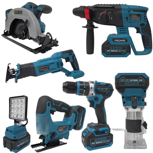 Haktaş HKT747 Yeni Nesil Mavi 7li Şarjlı Set 36V 3ah (Kırıcı Delici, Vidalama, Dekupaj, Daire Testere, Freze, Led Işık)