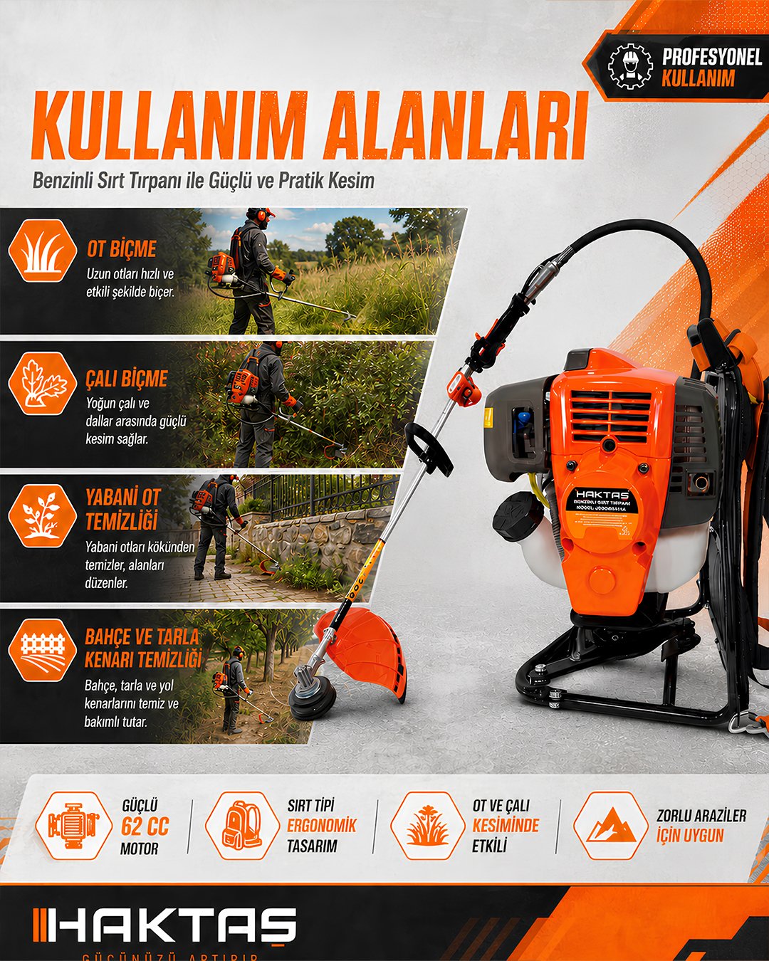 Haktaş JSBG541A Benzinli Sırt Tırpanı 42CC Marşlı Manuel Çalıştırmalı kullanım alanları