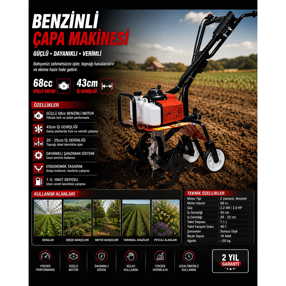 Haktaş TI9048 68cc Benzinli Çapa Makinesi - 43cm İş Genişliği ve 2200W Güç model ve fiyatlar