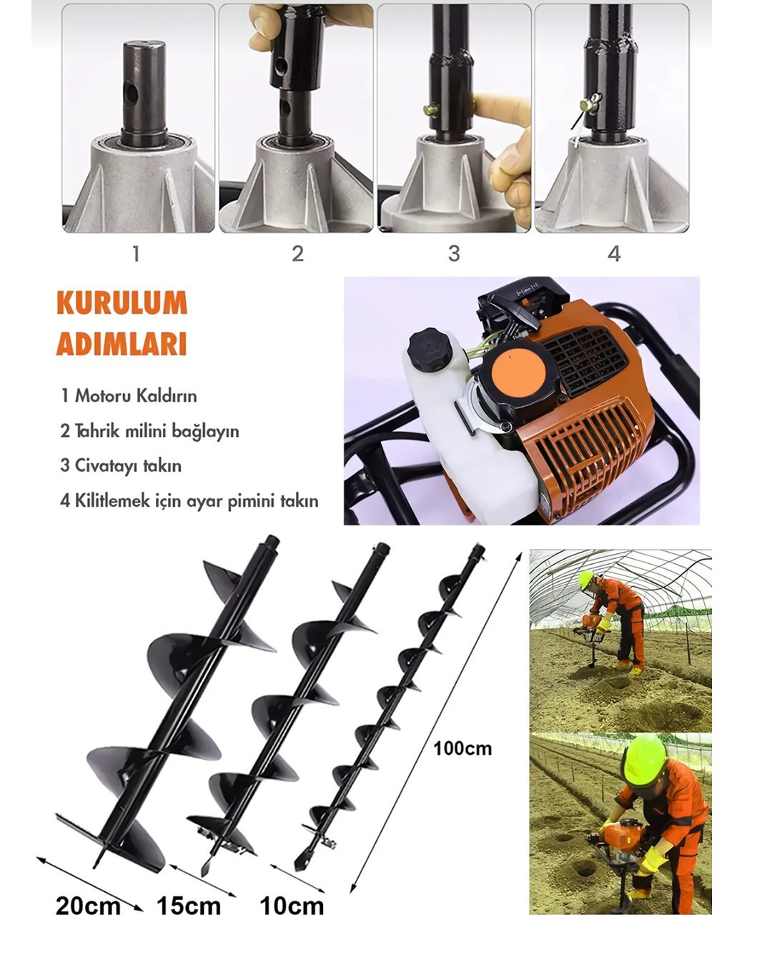 Haktaş TMDB620-3 Benzinli Toprak Burgu Makinesi 72cc Çap 20 cm teknik özellikler