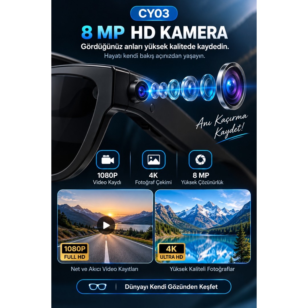 Harvox Cy03 Akilli Kamerali Gozluk 8 Mp 1080p Video Kayit Bluetooth Wifi Ai Ceviri Destekli
