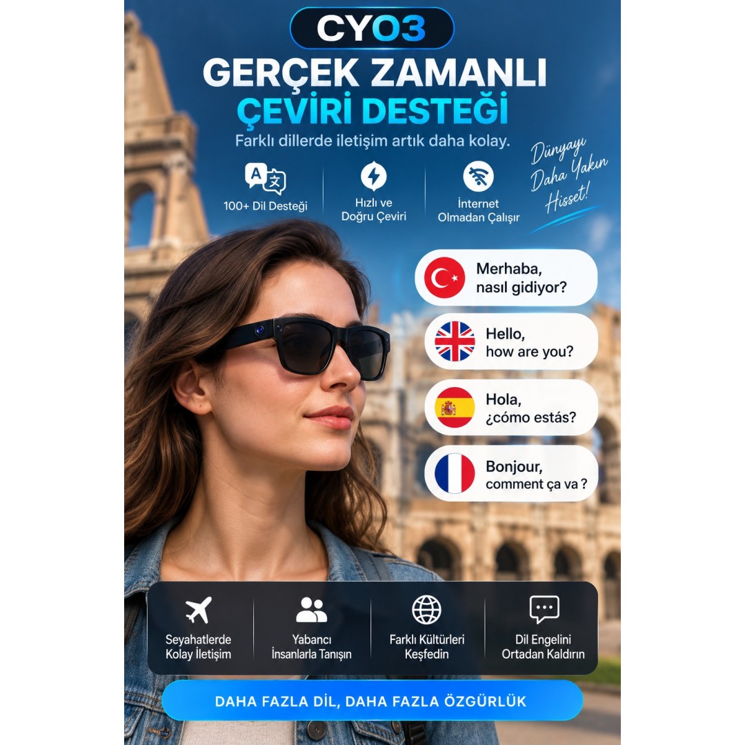 Harvox Cy03 Akilli Kamerali Gozluk 8 Mp 1080p Video Kayit Bluetooth Wifi Ai Ceviri Destekli