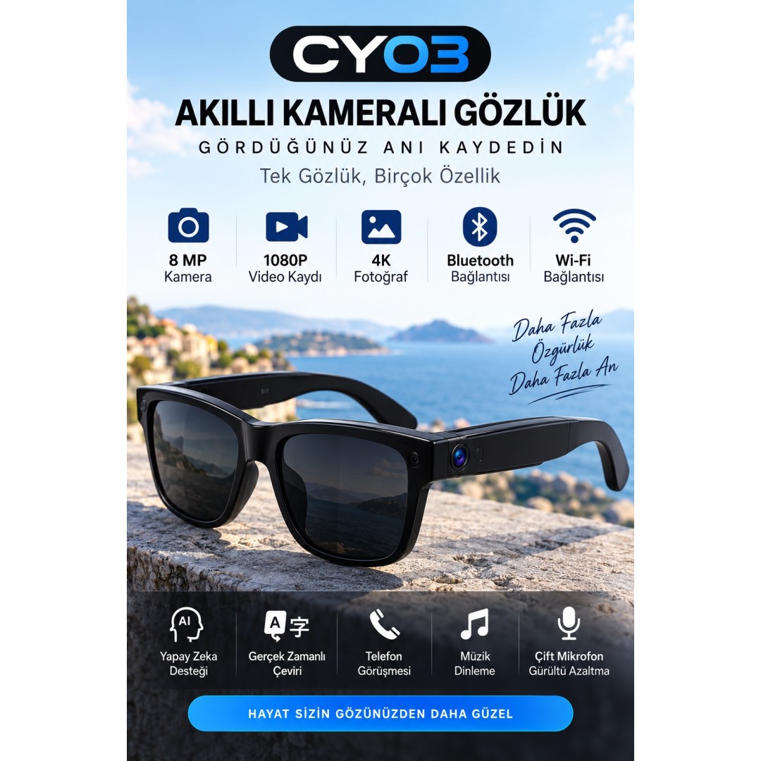 Harvox Cy03 Akilli Kamerali Gozluk 8 Mp 1080p Video Kayit Bluetooth Wifi Ai Ceviri Destekli