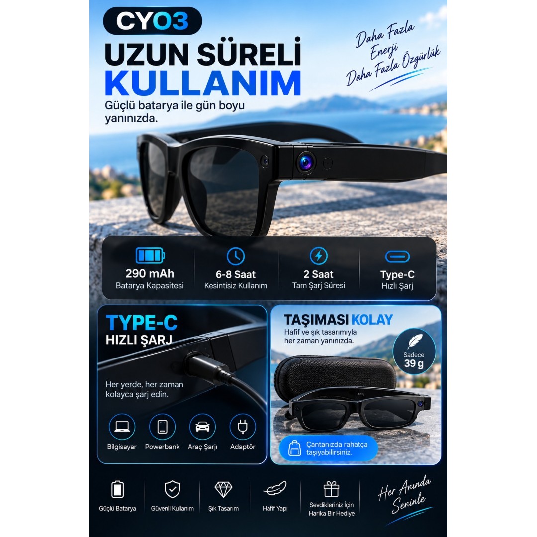 Harvox Cy03 Akilli Kamerali Gozluk 8 Mp 1080p Video Kayit Bluetooth Wifi Ai Ceviri Destekli