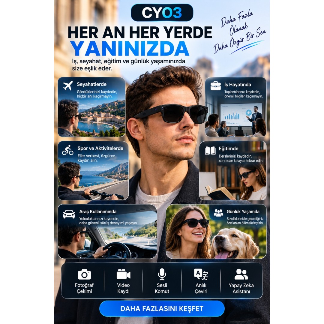 Harvox Cy03 Akilli Kamerali Gozluk 8 Mp 1080p Video Kayit Bluetooth Wifi Ai Ceviri Destekli