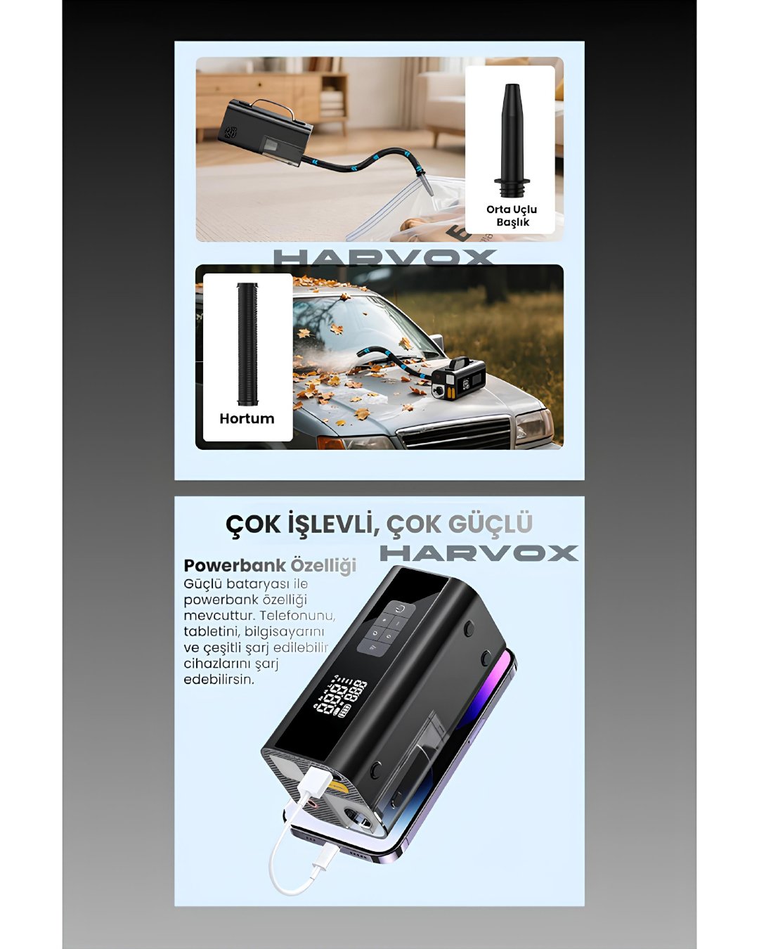 Harvox  HV001 Jump Starter Süpürgeli Akü Takviye Cihazı 10 in 1 | 12000mAh Kompresörlü Powerbank teknik özellikler