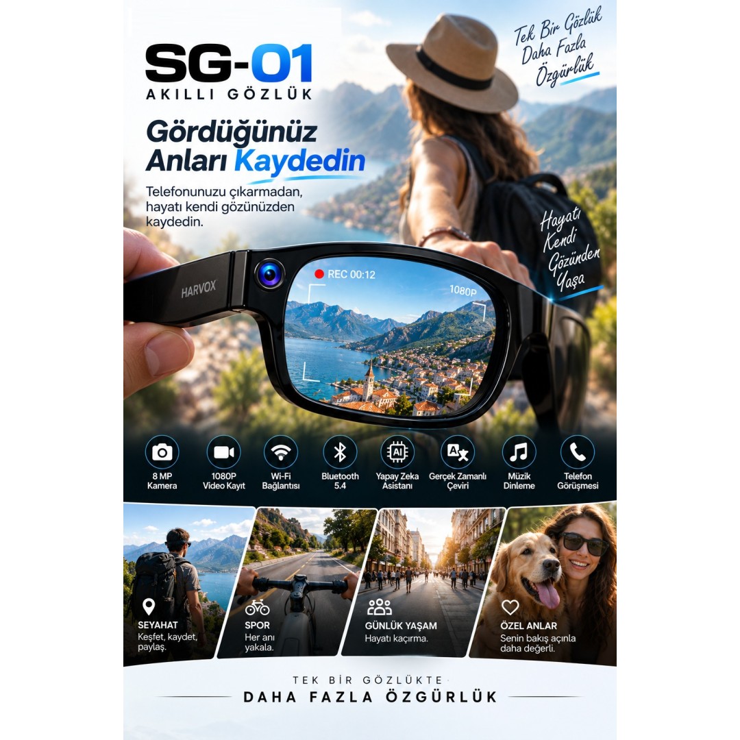 Harvox Sg 01 8 Mp Kamerali Akilli Gozluk 1080p Video Kayit Wifi Bluetooth Yapay Zeka Ai Ceviri