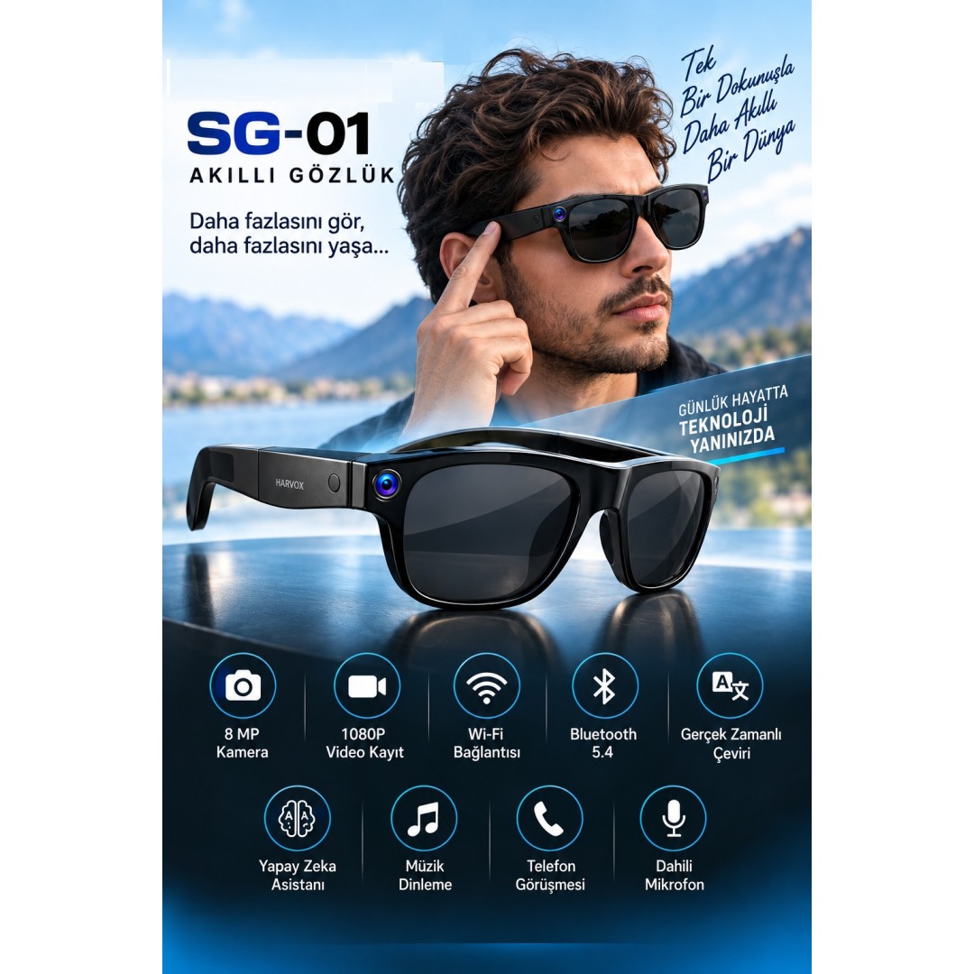 Harvox Sg 01 8 Mp Kamerali Akilli Gozluk 1080p Video Kayit Wifi Bluetooth Yapay Zeka Ai Ceviri