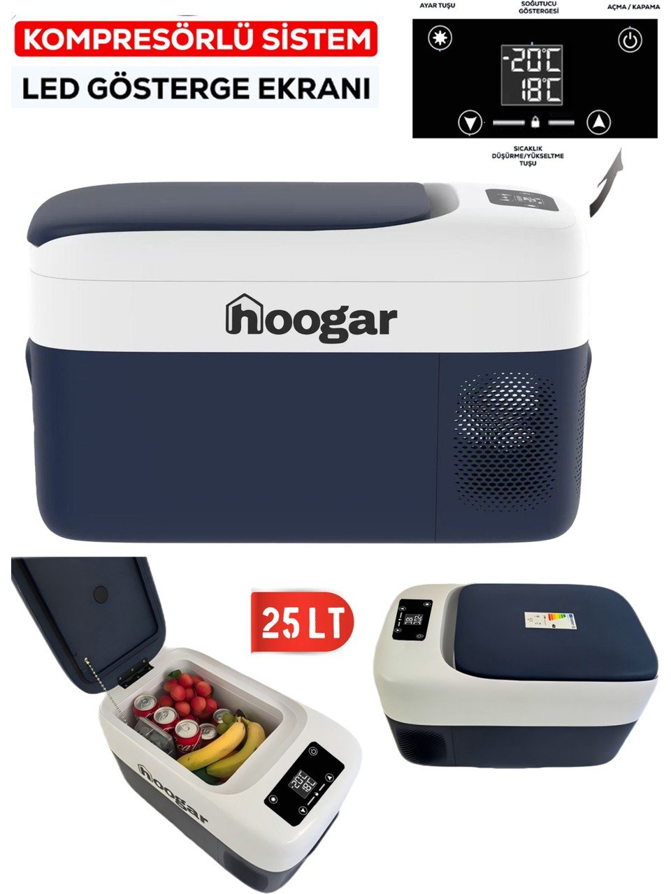 Hooger EEA457 Led Ekran 21-25 Lt Oto Karavan Tekne Tır Buzdolabı 12-24v -20 Derece Hızlı Soğutma Özellikler