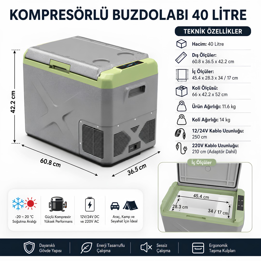 Icepeak IP-MADRID-300610 Madrid Kompresörlü Buzdolabı 40 Litre Gri Yeşil teknik özellikleri