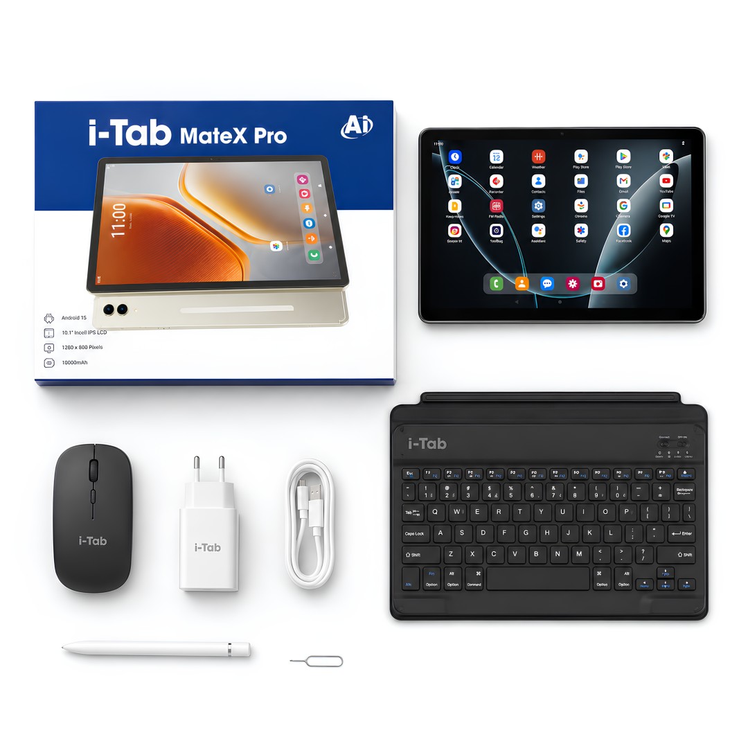 i-Tab MateX Pro 10.1 İnç Android 15 Klavyeli Mouse Kalemli Tablet 16GB RAM 1TB kutu içeriği
