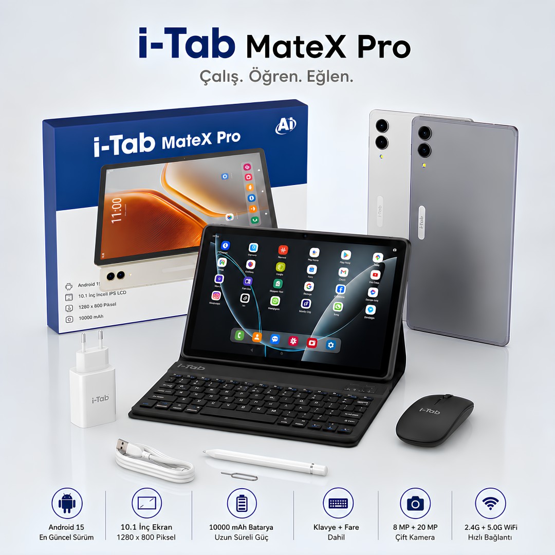 i-Tab MateX Pro 10.1 İnç Android 15 Klavyeli Mouse Kalemli Tablet 16GB RAM 1TB teknik özellikleri