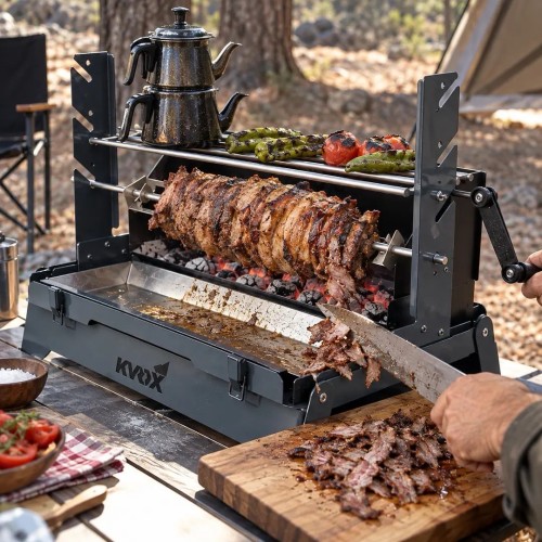 KVOX KV-S1256 Rotis Katlanır Çevirme Mangalı, Cağ Kebabı ve Kokoreç Mangalı, Yandan Ateşli, 6-7 kg, Çantalı