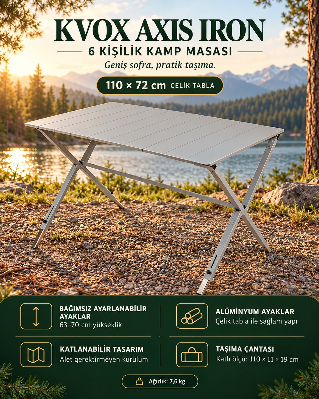 Kvox Kvom842013 Axis Iron 6 Kisilik Katlanir Kamp Masasi