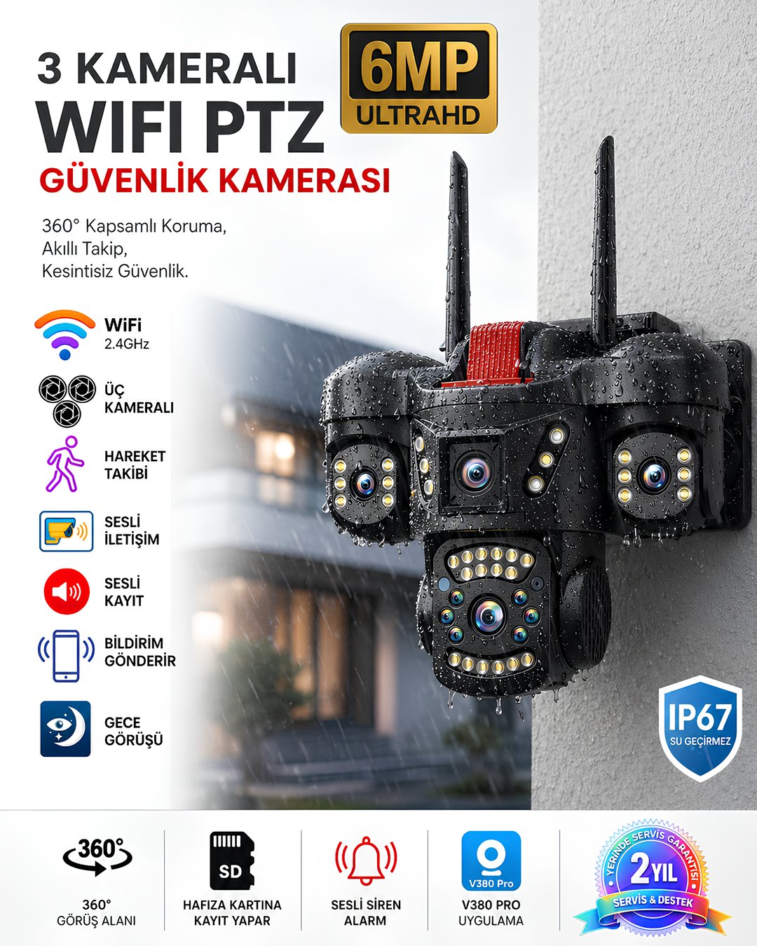 Onqam ONW2363 3 Kameralı WiFi PTZ Güvenlik Kamerası 6MP Ultra HD | 360 Derece Dış Mekan IP66 Gece Görüşlü model ve fiyatları
