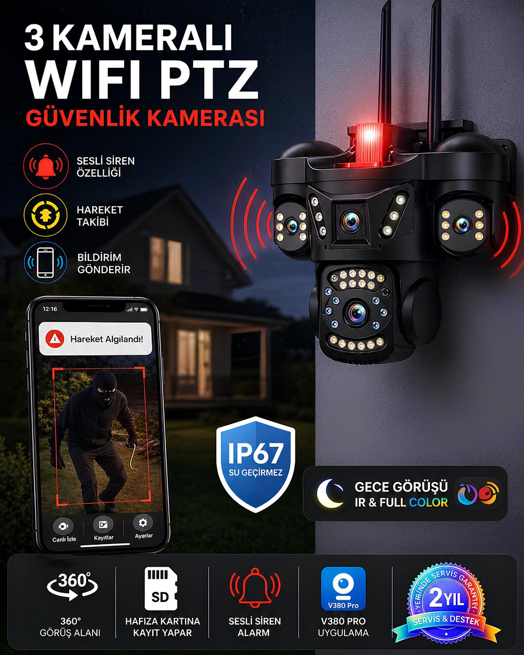 Onqam ONW2363 3 Kameralı WiFi PTZ Güvenlik Kamerası 6MP Ultra HD | 360 Derece Dış Mekan IP66 Gece Görüşlü ÖZELLİKLERİ