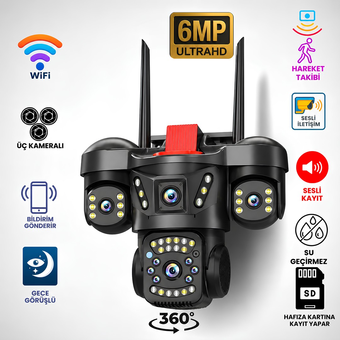 Onqam ONW2363 3 Kameralı WiFi PTZ Güvenlik Kamerası 6MP Ultra HD | 360 Derece Dış Mekan IP66 Gece Görüşlü