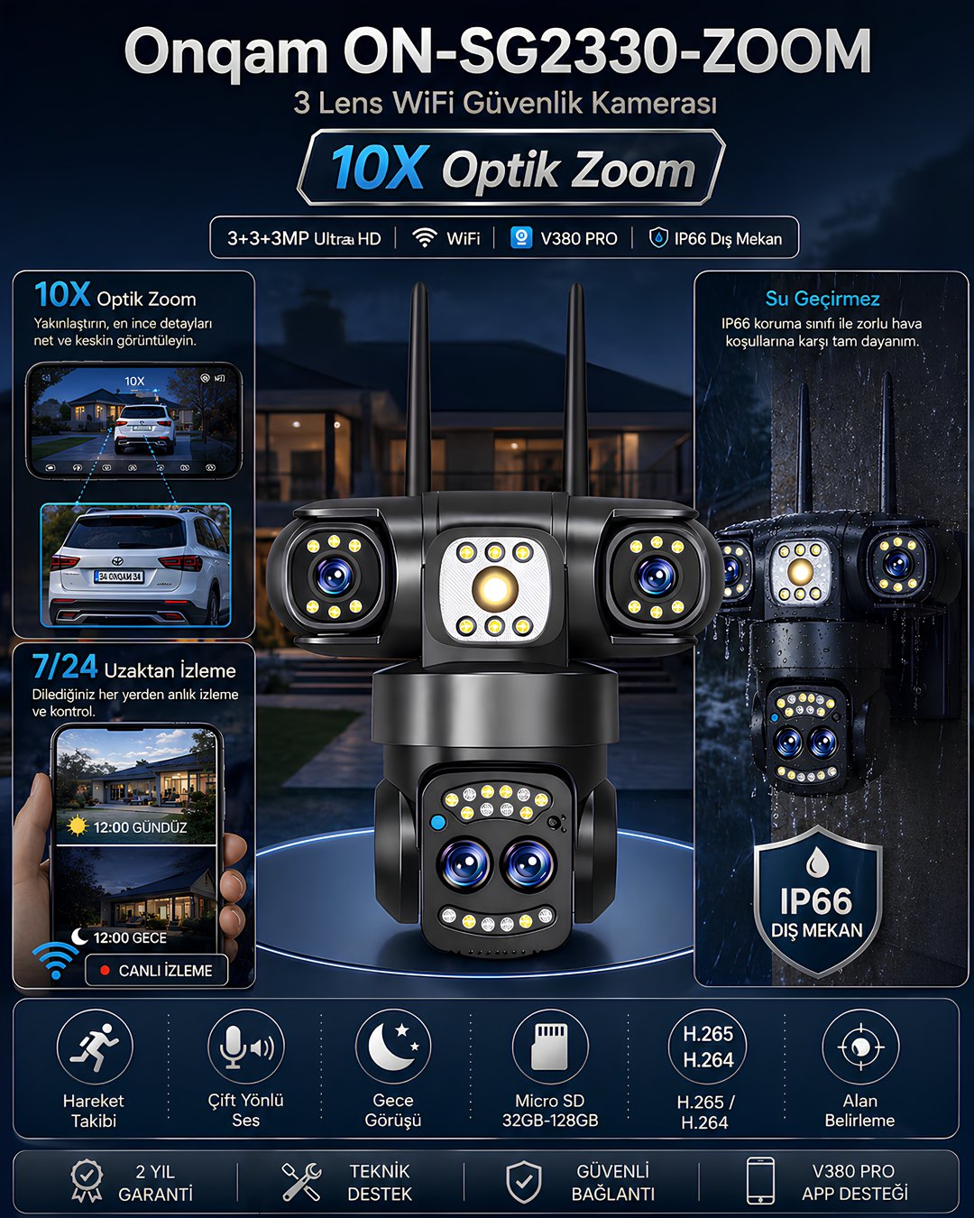 Onqam ON-SG2330-ZOOM 3 Lens 10X Zoom WiFi Güvenlik Kamerası model ve fiyatları