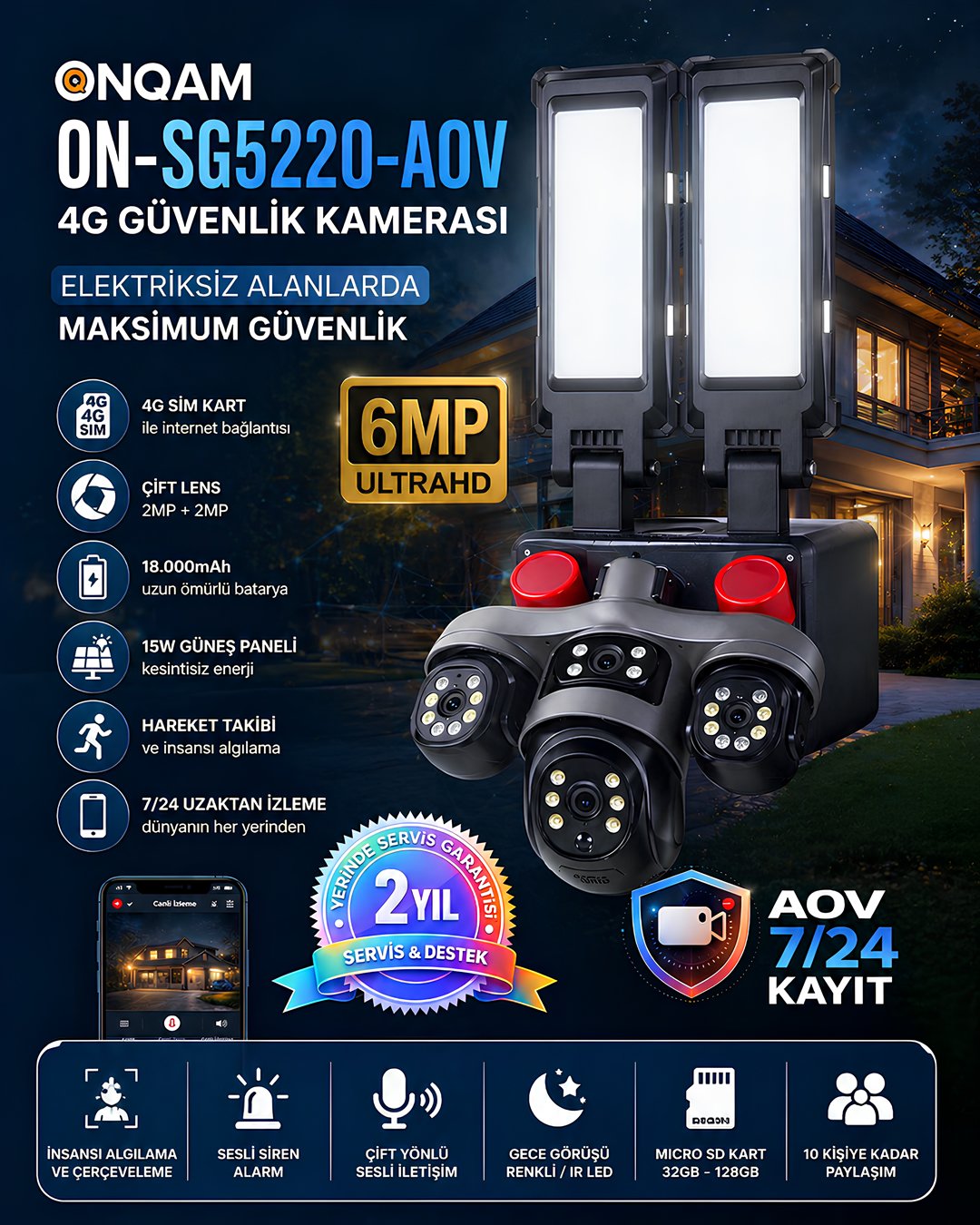 Onqam ON-SG5220-AOV 4G Solar Güvenlik Kamerası 2 Lens 3MP - Sim Kartlı 7-24 Kayıt özellikler