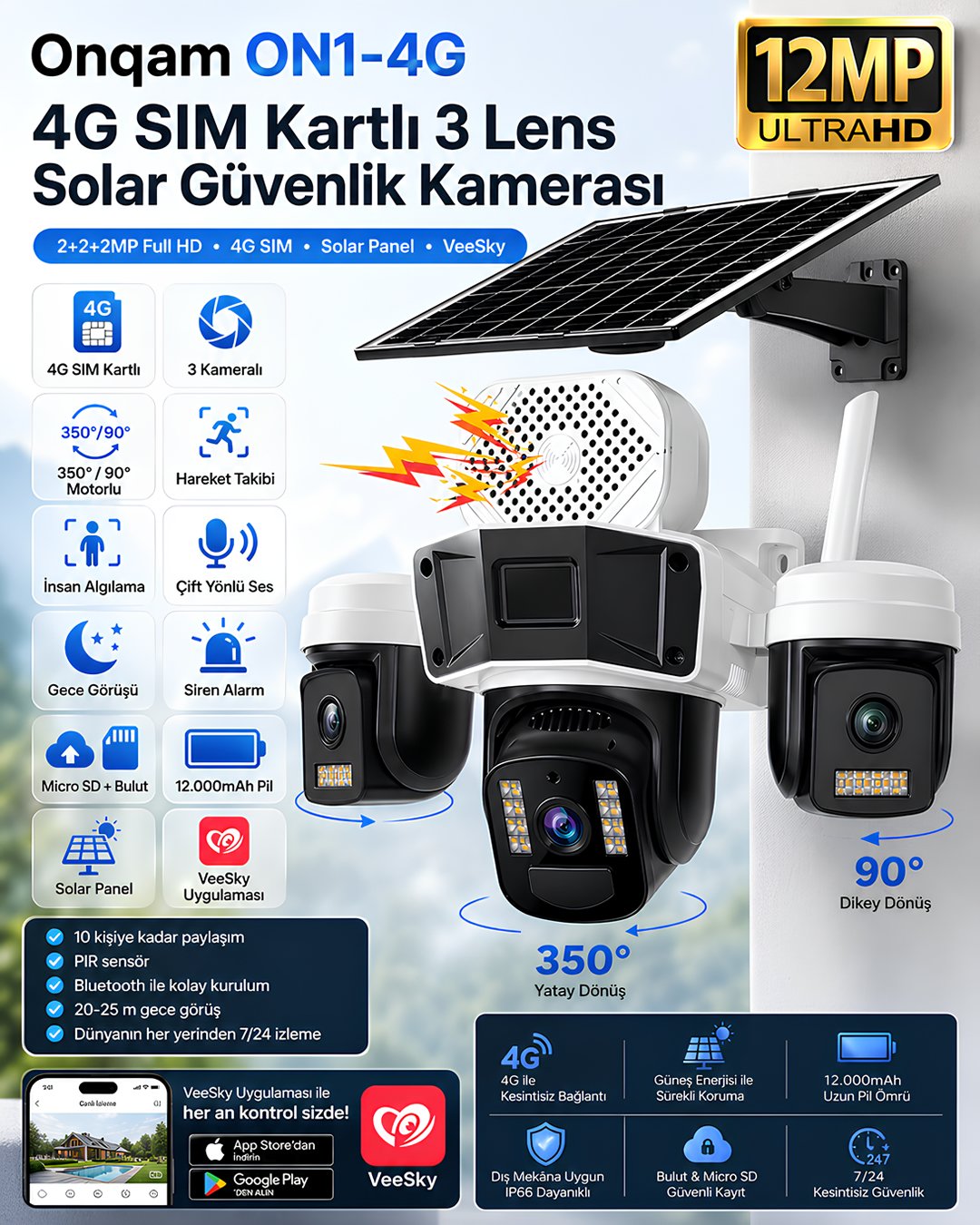 Onqam ON1-4G 3 Lens 3MP Solar Panelli Sim Kartlı Bataryalı Güvenlik Kamerası model ve fiyatları