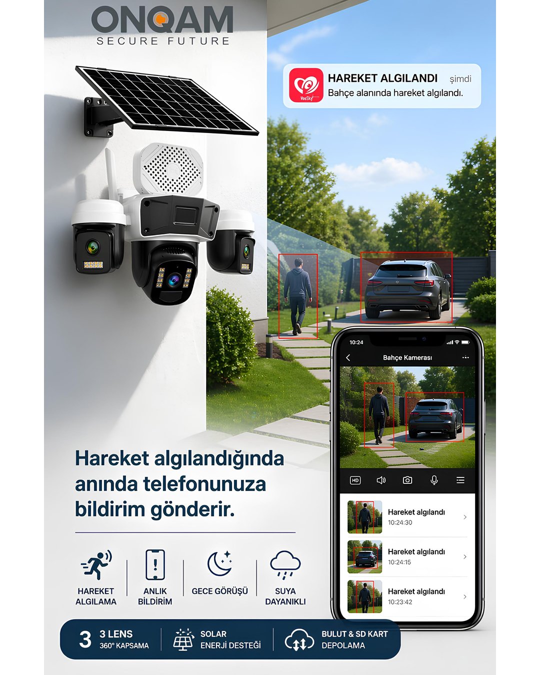 Onqam ON1-4G 3 Lens 3MP Solar Panelli Sim Kartlı Bataryalı Güvenlik Kamerası ÖZELLİKLER