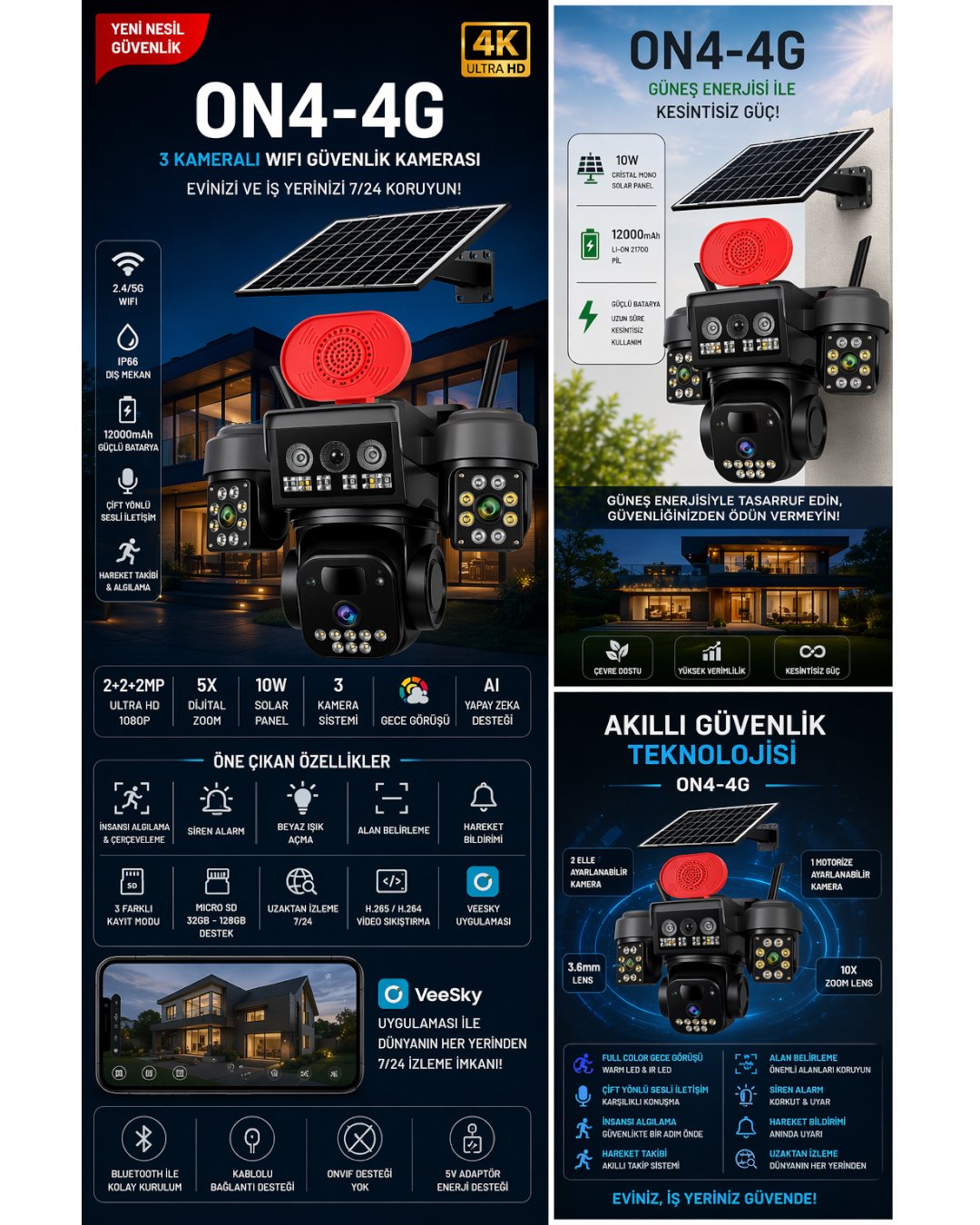 Onqam ON4-4G 3 Kameralı Solar Güvenlik Kamerası 1080P WiFi - 7-24 İzleme model ve fiyatları