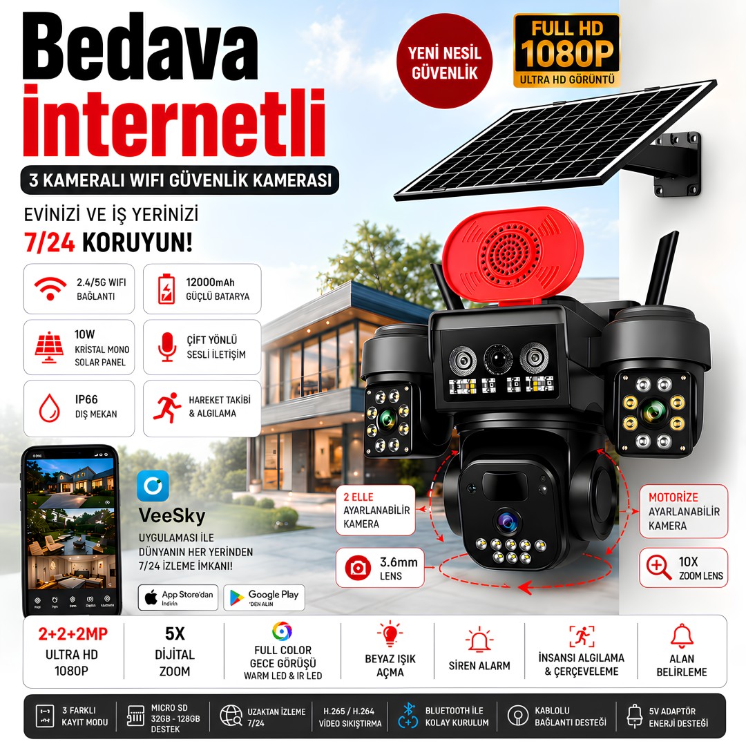 Onqam ON4-4G-H Sim Kartlı 4G Kamera 3 Kameralı Solar Güvenlik Kamerası 3Mp - İNTERNET BEDAVA 7-24 İzleme