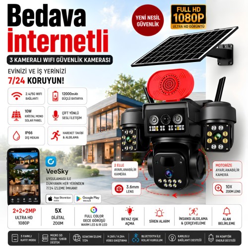 Onqam ON4-4G-H Sim Kartlı 4G Kamera 3 Kameralı Solar Güvenlik Kamerası 3Mp - İNTERNET BEDAVA 7-24 İzleme
