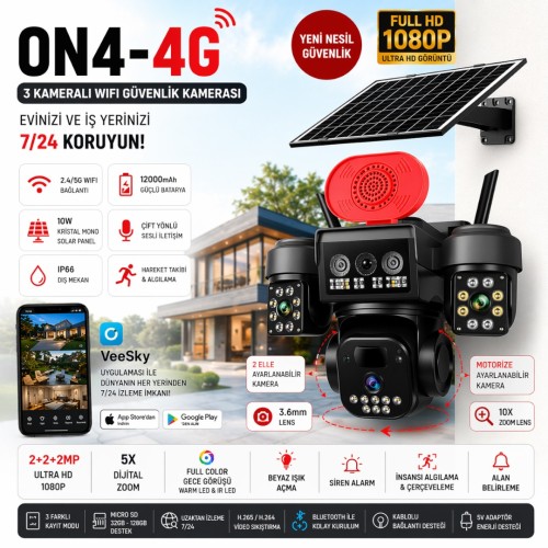 Onqam ON4-4G İp 4G Kamera 3 Kameralı Solar Güvenlik Kamerası 15Mp 7-24 İzleme