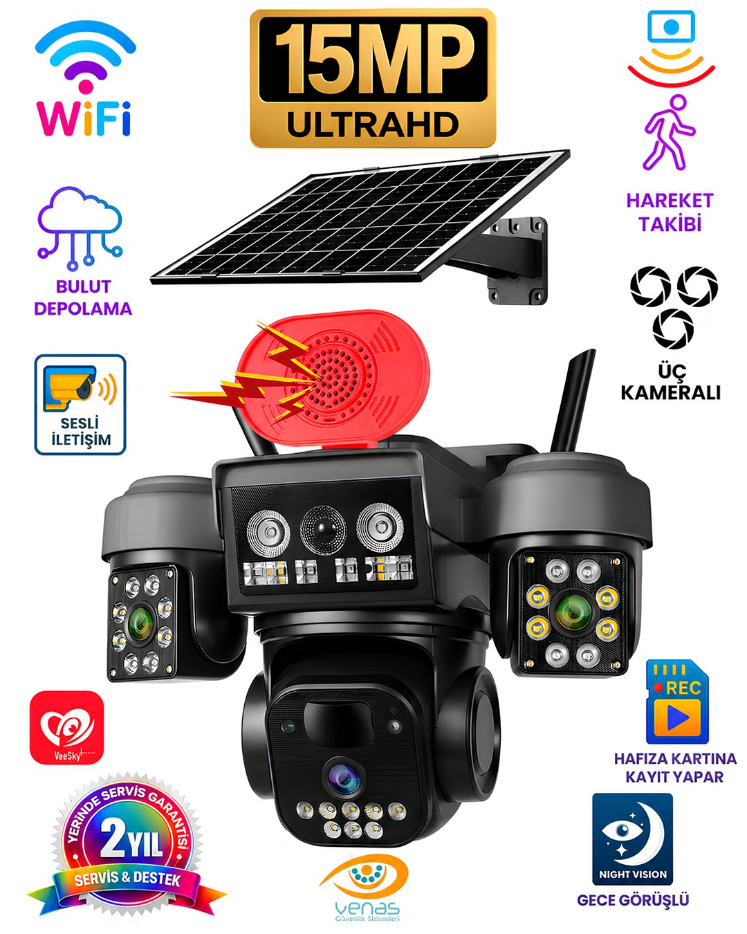 Onqam ON4-WIFI Solar Güvenlik Kamerası 3 Lens 3MP - 3 Kameralı Akıllı Dış Mekan Kamera ÖZELLİKLER