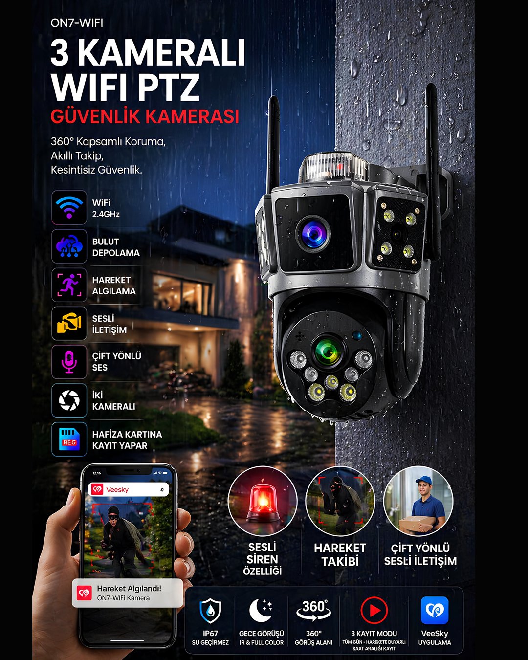 Onqam ON7 3 Kameralı WiFi PTZ Güvenlik Kamerası 360 Derece 6MP Ultra HD Gece Görüşlü IP66 model ve fiyatları