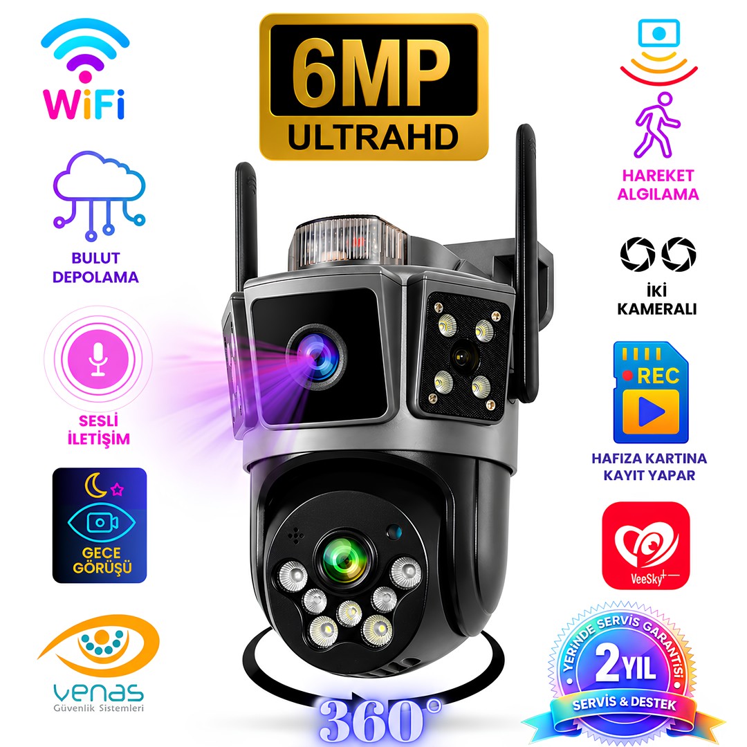 Onqam ON7 3 Kameralı WiFi PTZ Güvenlik Kamerası 360 Derece 6MP Ultra HD Gece Görüşlü IP66