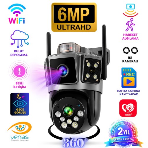Onqam ON7 3 Kameralı WiFi PTZ Güvenlik Kamerası 360 Derece 6MP Ultra HD Gece Görüşlü IP66