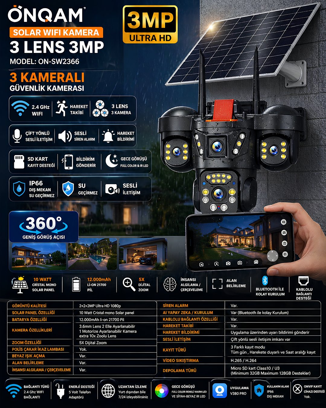 Onqam ONSW2366 Solar Wifi Kamera 3 Lens 6MP IP66 Dış Mekan Güvenlik Kamerası  model ve fiyatları