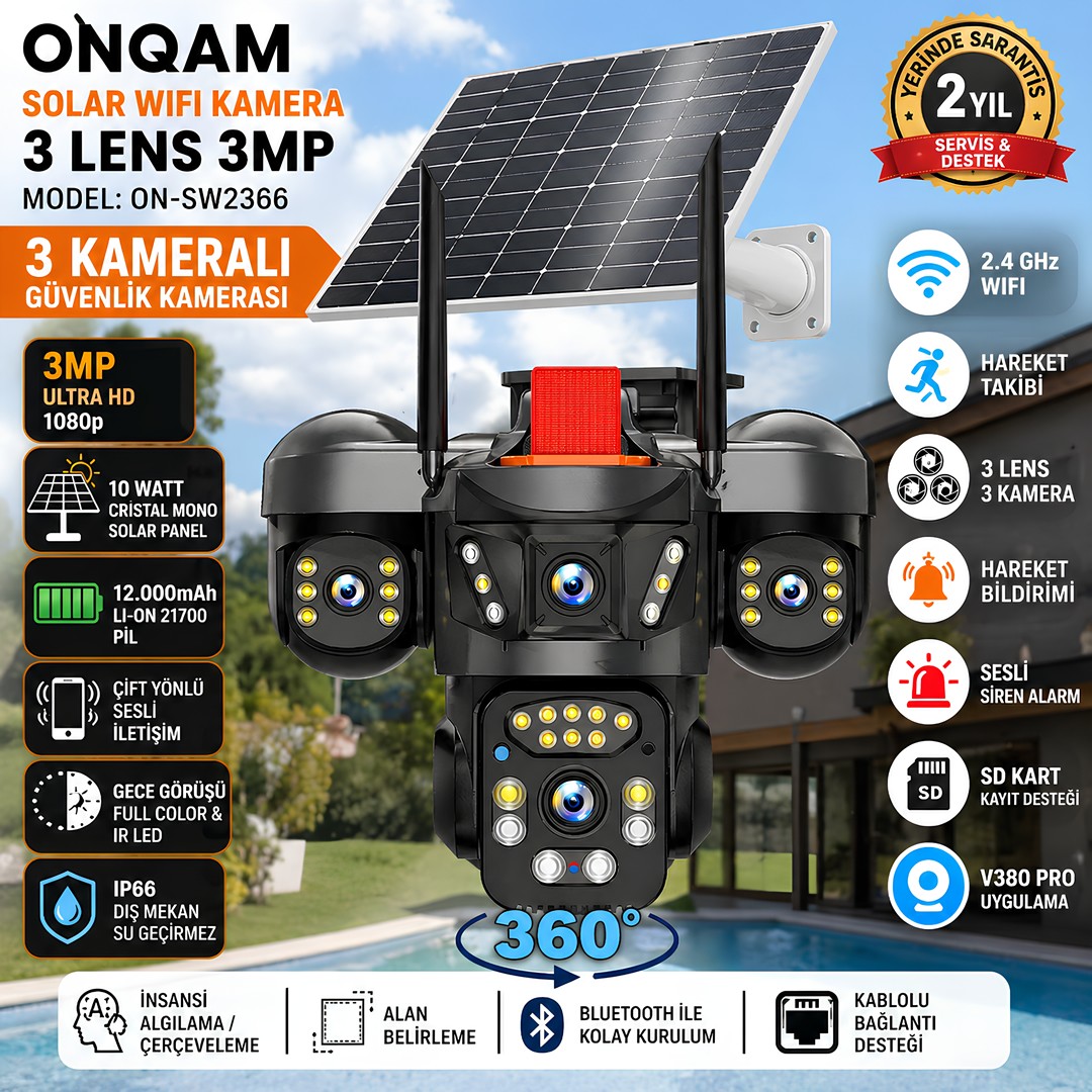 Onqam ONSW2366 Solar Wifi Kamera 3 Lens 6MP IP66 Dış Mekan Güvenlik Kamerası