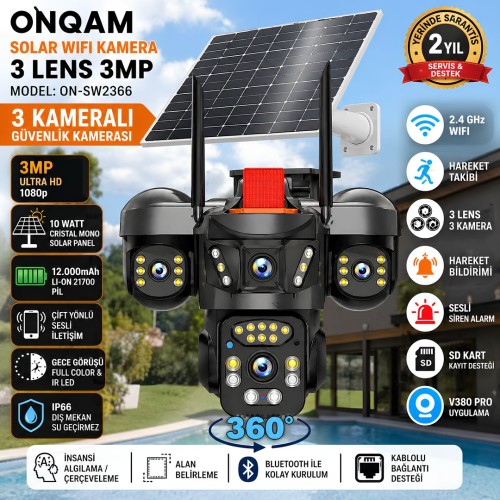 Onqam ONSW2366 Solar Wifi Kamera 3 Lens 6MP IP66 Dış Mekan Güvenlik Kamerası