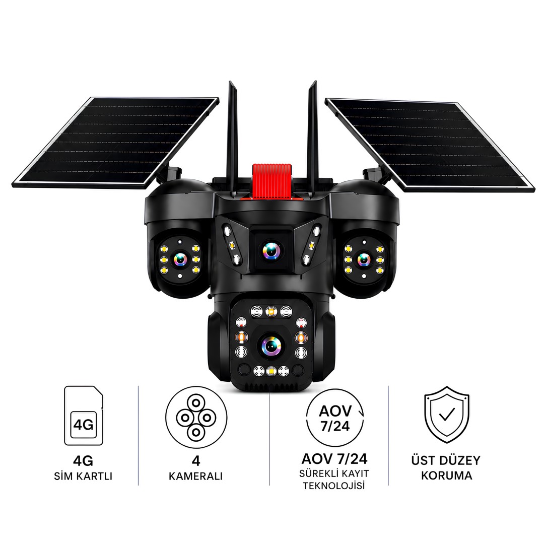 Onqam ON-S4 Sim Kart Takılabilen 4 Kameralı Güvenlik Kamerası - Solar Güneş Panelli Renkli Gece Görüşü ve IP67 AOV Sürekli Kayıt