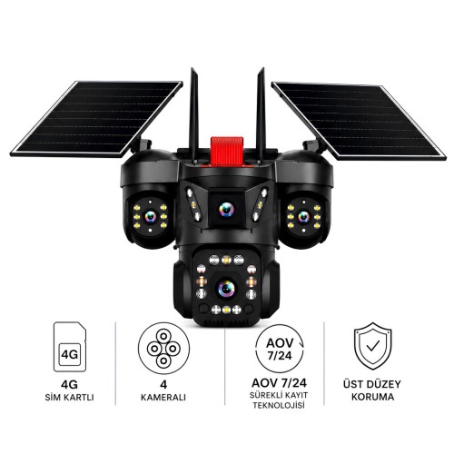 Onqam ON-S4 Sim Kart Takılabilen 4 Kameralı Güvenlik Kamerası - Solar Güneş Panelli Renkli Gece Görüşü ve IP67 AOV Sürekli Kayıt